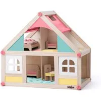 Woodyland Puppenhaus Holz-Puppenhaus mit 2 Etagen. inkl. Zubehör Möbel und Puppen, Holz-Puppenhaus mit Zubehör