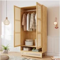 IDEASY Kleiderschrank 2-türiger Kleiderschrank Natur, Spanplatten + PE-Rattan (Flip-Top-Deckel, Stange, Rattannetz Design) Für Schlafzimmer & Wohnzimmer, Moderner Kleiderschrank mit Stauraum