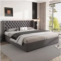 MODFU Polsterbett Doppelbett mit Bettkasten gepolstertem Kopfteil (Massivholz Untergestell mit Hydraulisch anhebbarer Bettstauraum, Samt Bezug Funktionsbett mIt Staufächer 160x200 cm mit Matratze), mit weichem Kopfteil Schaum-Polsterung Ohrenform Gro