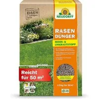 Neudorff Rasendünger RasenDünger Moos- & UnkrautStopp 2,5 kg, Rasendünger mit Moosvernichter, schonend für Hund, Katze Igel & Bienen, Eisen und Kalium sorgt für dichten, grünen Rasen ohne Moos und Unkraut, auch für Rasenflächen geeignet, die mit Mähr