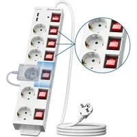 DEWENWILS Steckdosenleiste 6-fach (USB-Anschlüsse, einzeln schaltbar, Kindersicherung, Überspannungsschutz, Kabellänge 2 m), Mehrfachsteckdose mit USB, 16A/3680W
