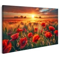 islandburner Leinwandbild Sonnenaufgang über Feld mit leuchtend roten Mohnblumen