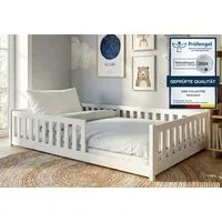 Kids Collective Kinderbett Bodenbett Bett mit Rausfallschutz & Lattenrost Montessori Bett Kinder (Jungen, Mädchen, Kinder, weitere Größen 80x160, 80x180, 90x190, 90x200, 120x200 cm), Jugendbett Gitterbett Einzelbett, Weiß Kiefer 140x200 cm
