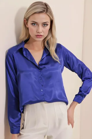 Satin Langarm Button-Up Hemd