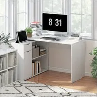 HOMCOM Eckschreibtisch mit Offenen Ablagen, Schublade, 1 Tür (Computertisch, 1-St., Winkelschreibtisch), für Dokumente im A4-Format, Arbeitszimmer, 120 x 96 x 75 cm, Weiß