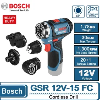 GSR 12V-15 FC for Bosch Professional Cordless Drill 12V Lithium Ion Battery Compact Design 30Nm Torque 5-in-1 Multi Func