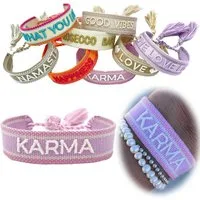 LS-LebenStil Armband Canvas Statement Armband Karma Lila Flieder Quasten bestickt (Baumwollarmband Webarmband Armbandliebe Freundschaftsarmband Freundschaftsband Partnerarmband, 1-tlg., textil geflochten gewebt - hochwertiger gestickter Spruch), perf