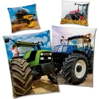 Familando Kinderbettwäsche Traktor Trekker, Set 135x200 80x80 cm, 100% Baumwolle, Reißverschluss, Renforcé, 2 teilig, mit rotem und grünem Traktor (Wendemotiv)