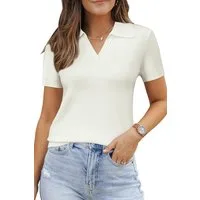 Arach&Cloz Poloshirt Damen Wollmischung Poloshirt Kurzarmpullover Strickpullover Volltonfarbe V-Shirt Tops Business Casual Kurzarmshirt Wollpullover