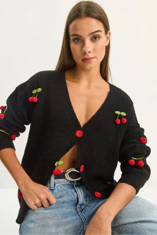 V-Ausschnitt Pullover Cardigan mit Obststickerei