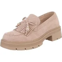 Ital-Design Elegante Damen Mokassin mit Fransen und Details Slipper (91154489) Blockabsatz Mokassins in Hellbraun