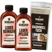 Schrader Lederpflege Set - für Ledermöbel & Lederkleidung Lederreiniger (Reiniger, Balsam und Poliertuch - Made in Germany)