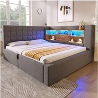 REDOM Polsterbett Stauraumbett mit beleuchtetem L-Kopfteil, hydraulisch (Struraumbett, Funktionsbett, 1-tlg., 140x200 cm, Leinenbezug, Kopfteil beidseitig montierbar), mit LED-Beleuchtung & USB/Type-C Ladestation(ohne Matratze)