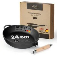 BIG-PAN Schmorpfanne Premium Gusseisenpfanne 24 cm tief Induktion mit abnehmbarem Holzgriff, Gusseisen (Pfanne Gußeisenpfanne Eisenpfanne, Cast Iron Pan), Induktion backofenfest UNBESCHICHTET
