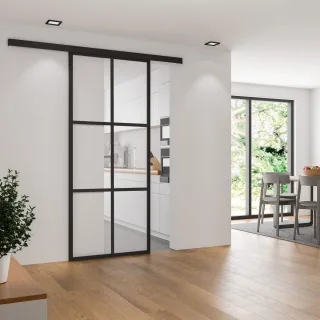Loftschiebetür Wunschmaß Alu-Profil schwarz 6 Felder Fensteroptik Klarglas Komplettset