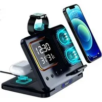 Toomoke Ladegerät, Multi-funktionales 5-in-1 Wireless Charger Ladestation (Digitaler Wecker mit 15W Schnellladung für Apple Watch, Kabellose Ladestation mit LED Nachtlicht und Temperaturanzeige)