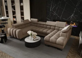 Wohnlandschaft Schlafsofa BASTIEN in Stoff Aragon Beige Ottomane Rechts