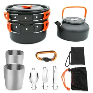 2~3 Person Camping Tableware Aluminum Nonstick Cookware Outdoor Cooking Pan Supplies Kettle Pot Pan Bowl Hiking Trip Pic