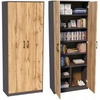 Home Collective Mehrzweckschrank mit 8 Fächern Besenschrank Haushaltsschrank (74 cm breit aus Laminatplatte und hochwertigen Polymergriffen) in mattem Finish mit 6 Einlegeböden und 2 Türen graphit Eiche