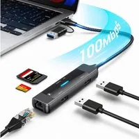 Forrlite 5-in-1 USB 3.0 Hub mit RJ45 Ethernet Adapter, USB-A & USB-C, SD/TF USB-Adapter Kartenleser, 100 Mbit/s, kompakter Multiport Adapter für Laptop zu Tablet & Smartphone