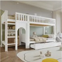 Flieks Etagenbett, Kinderbett 90x200cm mit privatem Raum, Schublade, vierstufiger Leiter