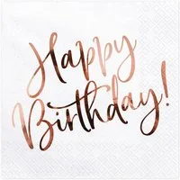 partydeco Papierserviette, Servietten Happy Birthday 33x33cm 20 Stück, weiß / rosegold