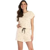 Mademoiselle Sommeil Shorty Damen Schlafanzug in Beige mit schwarzen Herzmuster (2 tlg., 1 Stück) aus 100% Baumwolle