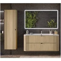 Lomadox Badmöbel-Set OLIVA-56, (Spar-Set, 3-St., Waschtisch Hochschrank), Eiche Rillen Keramik Waschbecken Metallgriffe modern LED Beleuchtung
