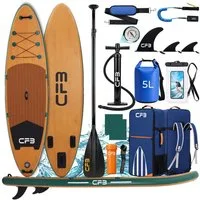 CFB SUP-Board Holzoptik 320x84x15 cm, Belastbarkeit 160 kg, Aufblasbares Stand Up Paddle Board, (extra breites iSUP Set, 12 tlg., mit Alu-Paddel, Pumpe, Rucksack, Dry Bag, Leash und Schultergurt), Inflatable SUP-Board für Anfänger, Erwachsene und Fre