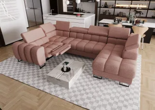 Wohnlandschaft Schlafsofa BASTIEN RELAX in Stoff Aragon Rosa Ottomane Rechts