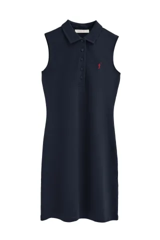 Kurzes ärmelloses Kleid marineblau mit Polokragen und Rigby Go Logo
