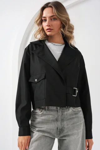 Crop-Fitted Polyester-Trenchcoat mit Hemdkragen