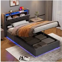 REDOM Polsterbett Hollandvelours-Bezug, mit Stauraum & Ablage (Funktionsbett, 1-tlg., Robuster Metallrahmen, Lattenrost inklusive, ohne Matratze), 90x200 cm mit LED-Beleuchtung und USB-Anschlüssen