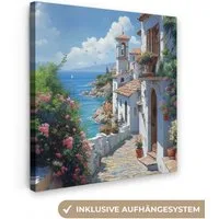 OneMillionCanvasses® Leinwandbild Häuser - Meer - Bäume - Blumen, Fotodruck (1 St), Wandbild, Deko Schlafzimmer Wohnzimmer Flur 20x20 cm