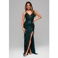 OMBRE Abendkleid Elegantes Abendkleid mit Pailletten und Federn Hoher Beinschlitz