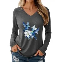 PYLIKE V-Shirt Damen Elegant Langarm mit Lilie Druck bequemes V-Shirt