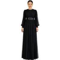 fashionshowcase Abendkleid Damen Maxikleid langarm Tüllkleid elegant mit Gürtel Modest Fashion Fließender Plissee-Rock mit taillierendem Gürtel