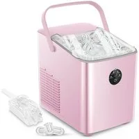 FOHERE Eiswürfelmaschine Klein, 14kg/24h, 6 Min. Eis, 2 Bullet Ice Größen, selbstreinigend, Party/Büro, rosa
