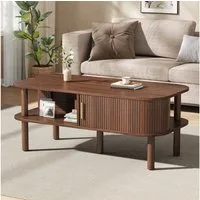STILVORA Couchtisch Kaffeetisch mit Rolltor Beistelltisch mit Stauraum (Skandinavisches Design, Holzoptik, Schiebetür, 5 Holzbeine, 110 cm Tischplatte, 2 Ebenen, geriffelte Tür, 60 kg Tragkraft), für Wohnzimmer, Apartment, Landhausstil