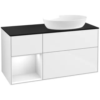 Villeroy und Boch Finion Waschtischunterschrank FA42GFGF 120cm, Abdeckplatte black matt, Regale Glossy white lacquer, Glossy white lacquer