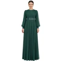 fashionshowcase Abendkleid Damen Maxikleid langarm Tüllkleid elegant mit Gürtel Modest Fashion Fließender Plissee-Rock mit taillierendem Gürtel