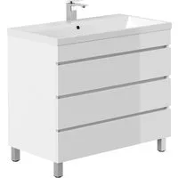 Lomadox Waschtisch FROME-02, 90 cm, stehend, weiß Hochglanz, mit 3 Schubladen
