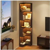 Flieks Bücherregal Standregal Eckregal mit LED-Beleuchtung und 6 Ebenen/5 Ebenen, B63,5/T45/H175 cm 1-tlg., Eckbücherregal mit 5 Fächer L-förmig Hochschrank Eckregal Walnussfarbe