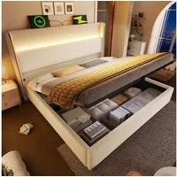 TavilaEcon Polsterbett 180×200cm & weitere Größen mit Bettkasten und hohem Kopfteil (1-tlg), Doppelbett mit hydraulischer Liftfunktion, USB/Type-C, 180×200, Beige
