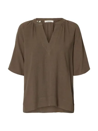 selected women - SLWVIVA 2/4 V-NECK LINEN BLEND TOP NOOS Chocolate Chip - Gr. - 38