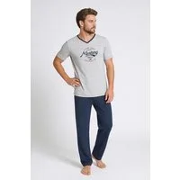 MUSTANG Schlafanzug Pyjama-Set T-Shirt Long Pants lange Hose Schlafkombi Nachtwäsche (2 tlg) Oberteil graumelange, Pants navy