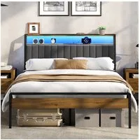 Yaheetech Bettgestell mit Ladestation & LED-Beleuchtung & Gepolstertem Kopfteil, Metallbett mit 2 Ablagen, 90/140 cm (B)