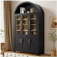 Merax Hochschrank mit 3 Glastüren, 3 geschlossenen Fächern & verstellbaren Einlegeböden (110 L x 40 B x 185 H cm, 1-St) Vitrinenschrank mit Bogen-Nische, Mehrzweckschrank, Wohnzimmerschrank