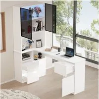 MODFU Hochschrank Eckschreibtisch mit LED-Vitrine (Ecktisch, Highboard, 1-St., 3 Schubladen, 4 Türen, offenen Fächern, Haustierfach) mit Kabeldurchlass, eingebautem Bücherregal