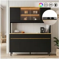 BlingBin Hochschrank 160x40x185 cm Buffetschränke Mit Farbigem Lichtstreifen, Küchenbuffet (1er Set, 1-St., Tragfähigkeit: 45kg, Integrierte Steckdose, USB-C- & USB-A-Anschlüsse) Küchenschrank mit Mehrstufigem Stauraum für Esszimmer, Schwarz+Eiche